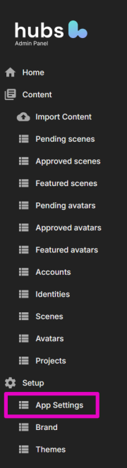 Capture of Hubs Admin page. "App Settings" highlighted in purple.