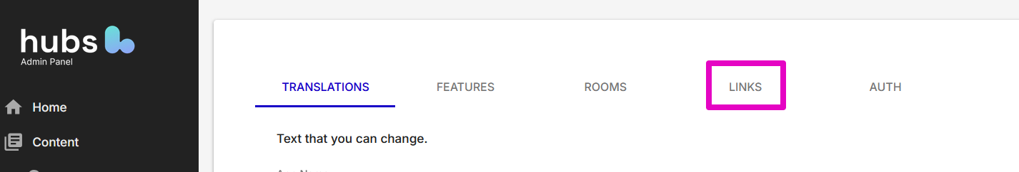 Capture of Hubs Admin page. "Links" tab highlighted in purple.