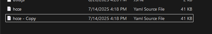 Capture of File Explorer. File hcce and file hcce - Copy indicate that a copy of the hcce file has been successfully made.