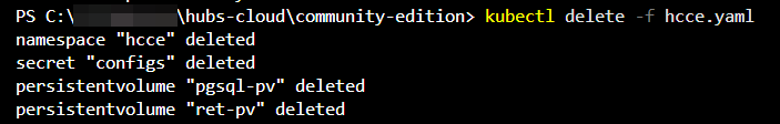 Capture of VS Code, Terminal window, command text: kubectl delete -f hccy.yaml. Directories inside of Hubs Community Edition are being deleted. Warning: this is a powerful command and does delete all custom Hubs CE data.