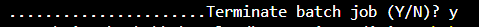 Capture of VS Code, Terminal window. A line of dots ends with text Terminate batch job (Y/N)? y