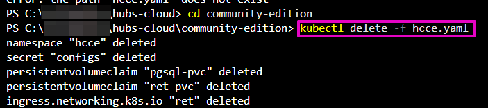 Capture of VS Code, Terminal window, command text highlighted: kubectl delete -f hccy.yaml. Directories like namespace and secret inside of Hubs Community Edition are being deleted. 