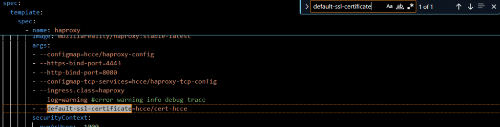 Capture from VS Code, center code panel. The line containing default-ssl-certificate is highlighted. The number symbol has been removed from the beginning of this line of code. Thus, the default certificates will be generated.