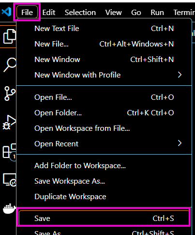 Capture from VS Code, File menu. "File" and "Save" highlighted.