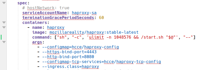 Screen capture showing the HAProxy changes added to the HAProxy container definition in hcce.yaml.